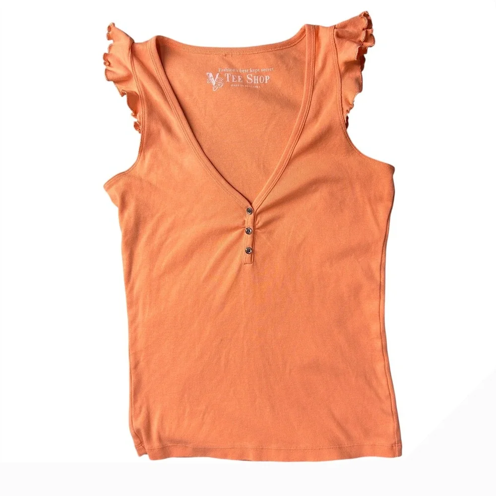 Y2K Tee Shop Top Medium Orange Peach Ruffle Sleeve V Neck Button Tank Top - Picture 1 of 5